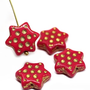 14mm Red star beads gold polka dot czech glass star beads, 4pc - 3168