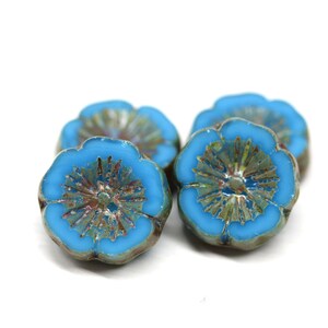 14mm Turquoise blue czech glass pansy flower beads, Picasso fire polished daisy 4Pc - 2768