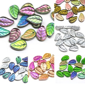 14x9mm Czech glass metallic leaf beads Vitrail pressed glass leaves for jewelry making, 15pc