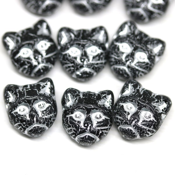 10pc Black cat beads, silver wash czech glass feline kitty beads, hole top to bottom - 0557