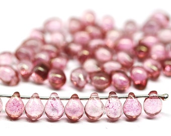 5x7mm Pink glass drops Czech teardrop beads goldish luster, top drilled, 50pc - 2713