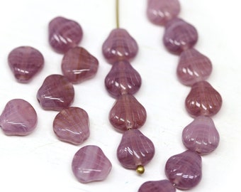 Purple glass shell beads, 9mm czech center drilled seashell beads 30pc - 0881