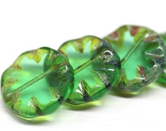 18mm Picasso czech glass flat beads Green coin shape rustic beads, 4Pc - 0712