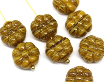 Ocher Yellow Czech Glass Daisy Beads: 12mm Puffy Pansy Flowers (8pc)