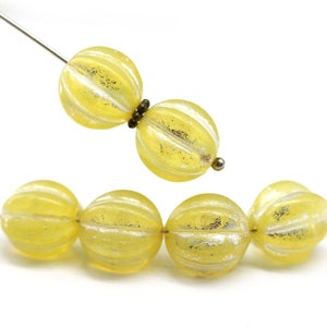12mm Large round opal yellow czech glass beads, silver wash melon shape, 6Pc - 3559