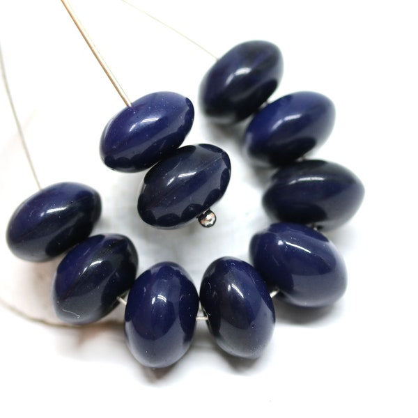 7x11mm Dark blue puffy rondelle Czech glass beads, opaque blue large rondels 10Pc - 1280