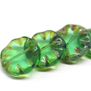 18mm Picasso czech glass flat beads Green coin shape rustic beads, 4Pc - 0712