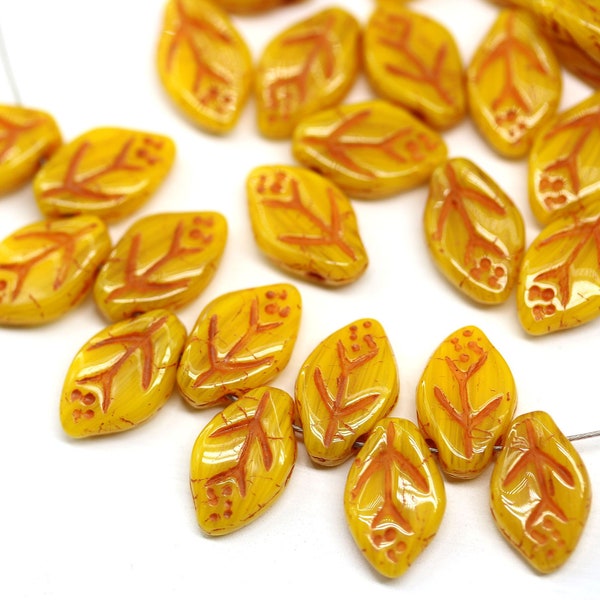 12x7mm Bright yellow leaf beads Czech glass pressed top drilled leaves 30pc - 3678