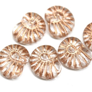 Nautilus Czech glass seashell beads, clear ammonite fossil copper wash 13x17mm, 6Pc 1777 image 1