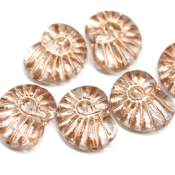 Nautilus Czech glass seashell beads, clear ammonite fossil copper wash 13x17mm, 6Pc - 1777