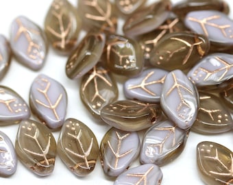 40pc Light brown 12x7mm leaf beads, copper wash Czech glass pressed top drilled leaves - 0199