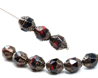 8x6mm Cathedral czech glass black red fire polished barrel beads 15pc - 5890