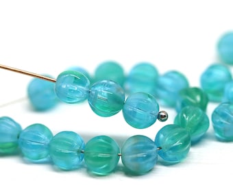 6mm Blue green round beads Mixed color melon czech glass carved beads 30Pc - 3517