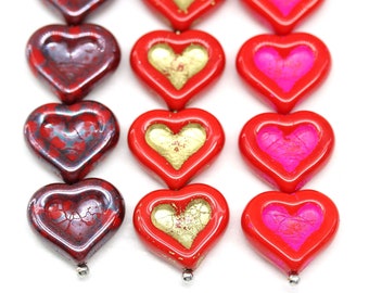 Red heart beads 14mm Czech glass pressed hearts for jewelry making, 6pc