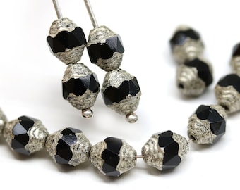 8x6mm Black cathedral Czech glass barrel bicone beads with rustic silver ends 15Pc - 5587