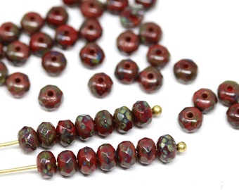 3x5mm Dark red rondelle beads, Opaque red picasso czech glass spacers rondels 50pc - 2263