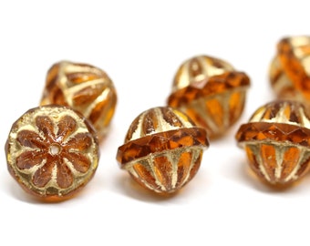 Topaz large fancy bicone beads, Golden ends carved Czech glass fire polished round 12x14mm beads 4Pc - 1052