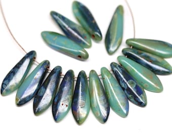 15pc Blue green dagger beads, Picasso finish czech glass pressed tongue long beads - 5x16mm - 0835