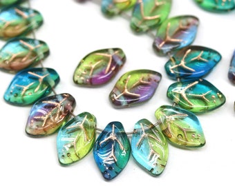 12x7mm Blue green mixed color leaf beads Gold wash Czech glass pressed leaves 40Pc - 3772