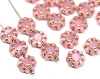 9mm Pink daisy flower beads Copper wash Light pink Czech glass floral beads 20Pc - 2238