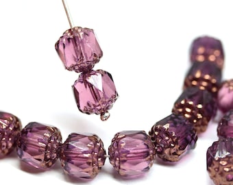 8mm Purple cathedral beads Czech glass golden ends round fire polished ball beads 10Pc - 5178