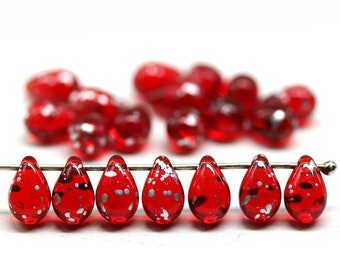 6x9mm Red Czech Glass Teardrop Beads Silver Flakes Top Drilled