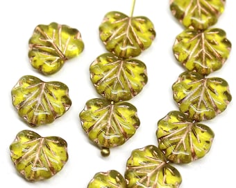 Light olive green maple leaf beads Czech glass olivine leaves, copper inlays 11x13mm, 15pc - 5151