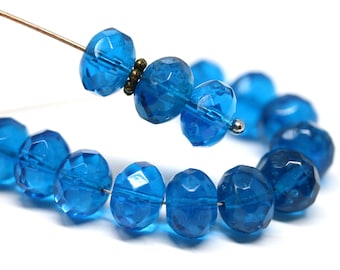 6x9mm Capri blue Czech glass fire polished rondelle beads, Deep blue Gemstone cut rondels 15Pc - 0598