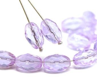 12x8mm Lilac barrel beads, light purple czech glass fire polished oval beads, 6Pc - 2299