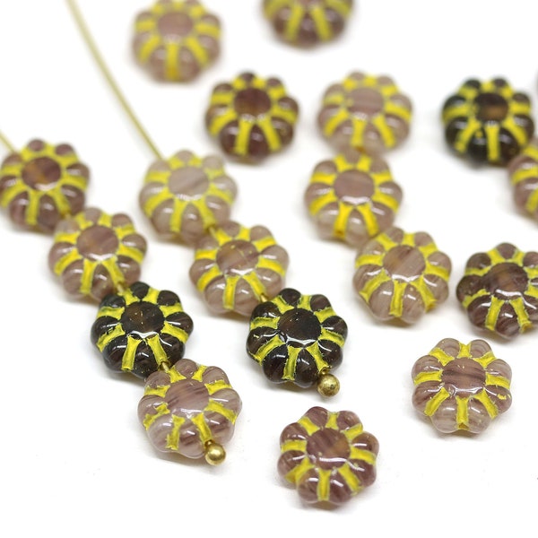 9mm Brown beige daisy flower beads Yellow inlays Czech glass floral beads 20Pc - 3629