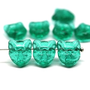 11mm Teal cat beads side drilled Czech glass green beads 8pc - 5340