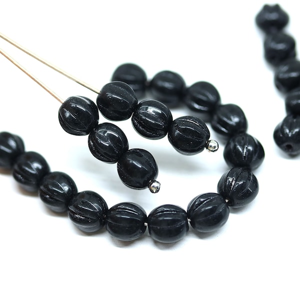 6mm Jet black round beads Czech glass melon shape beads for jewelry making 30pc - 3768