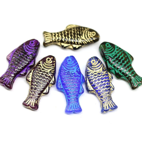 Grandes perles de poisson Verre tchèque poisson de couleur foncée 25x12mm lavage en or Fabrication de bijoux nautiques, 4Pc