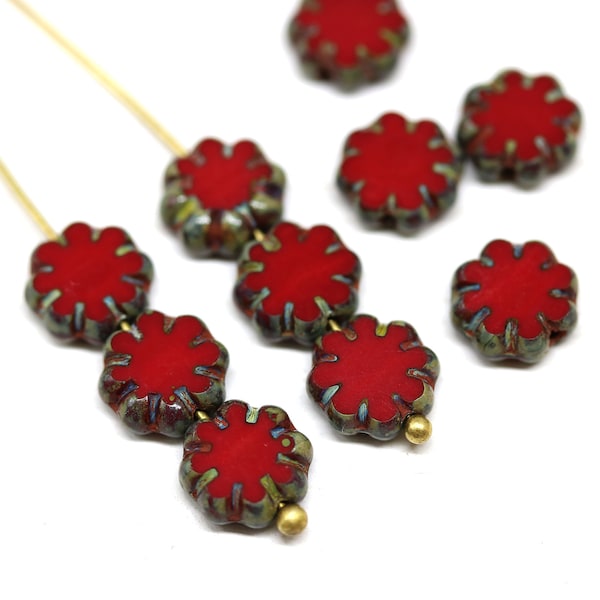 9mm Dark red flower czech glass beads Picasso beads flat fire polished daisy 10pc - 3561