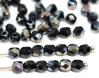 4mm Black czech glass beads, copper luster jet black fire polished spacers, 50Pc - 0781