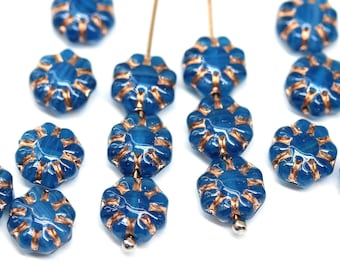 9mm Opal blue daisy flower beads copper wash Czech glass dark blue floral beads 20Pc - 5176