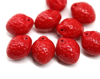 Red strawberry beads Czech glass fruit beads opaque red Top drilled berry vegan beads, 10pc - 2982