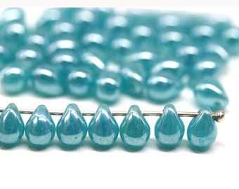 5x7mm Sea blue Czech glass teardrops top drilled drop beads luster 50pc - 1043