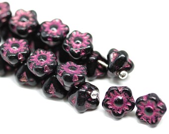 Black Czech Glass Flower Beads: Dark Pink Inlay, 7mm (25pc)