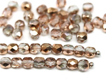 4mm Bright copper czech glass round fire polished beads clear spacers, 50Pc - 1678