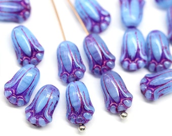 12x8mm Blue tulip beads purple inlays Czech glass flower tulip beads, 20Pc - 3917