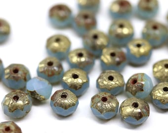 3x5mm Opal blue rondelle beads, old patina czech glass fire polished spacers rondels 40pc - 0313