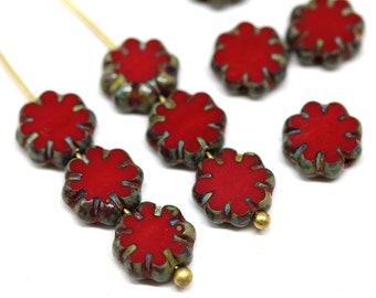 9mm Dark red flower czech glass beads Picasso beads flat fire polished daisy 10pc - 3561