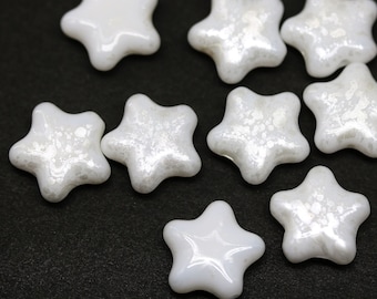 12mm White star czech glass beads for jewelry making silver wash 10pc - 1727