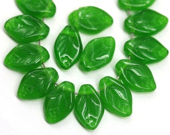 Green leaf beads 12x7mm Mixed green Czech glass pressed leaves 30Pc - 3668