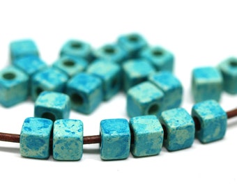 5mm Teal ceramic cube beads for leather cord, 2mm hole square beads 25pc - 3199