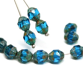 Contas de vidro tcheco azul-água escuro de 8 x 6 mm, bicone polido a fogo, Picasso, 15 peças - 5591