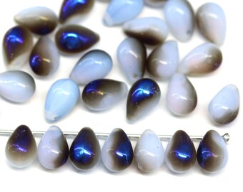 Opal Blaue Tschechische Glastropfenperlen mit Metallic glanz (30 Stück)