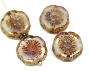 14mm Rustic flower beads Picasso Czech glass beads daisy chunky flower, 4Pc - 0972