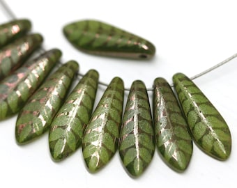 5x16mm Olive green Leaf ornament dagger czech glass beads Green leaf long tongue beads 10pc - 2118